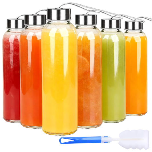 Clear Glass Water Bottles with Stainless Steel Lids — 18 oz, Set of 6