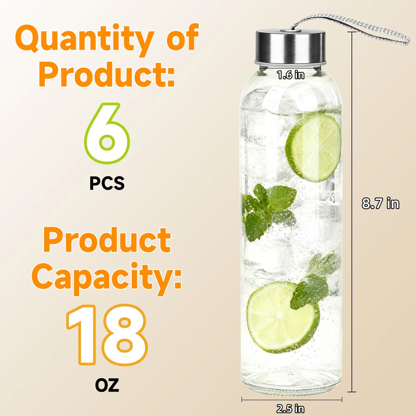 Clear Glass Water Bottles with Stainless Steel Lids — 18 oz, Set of 6