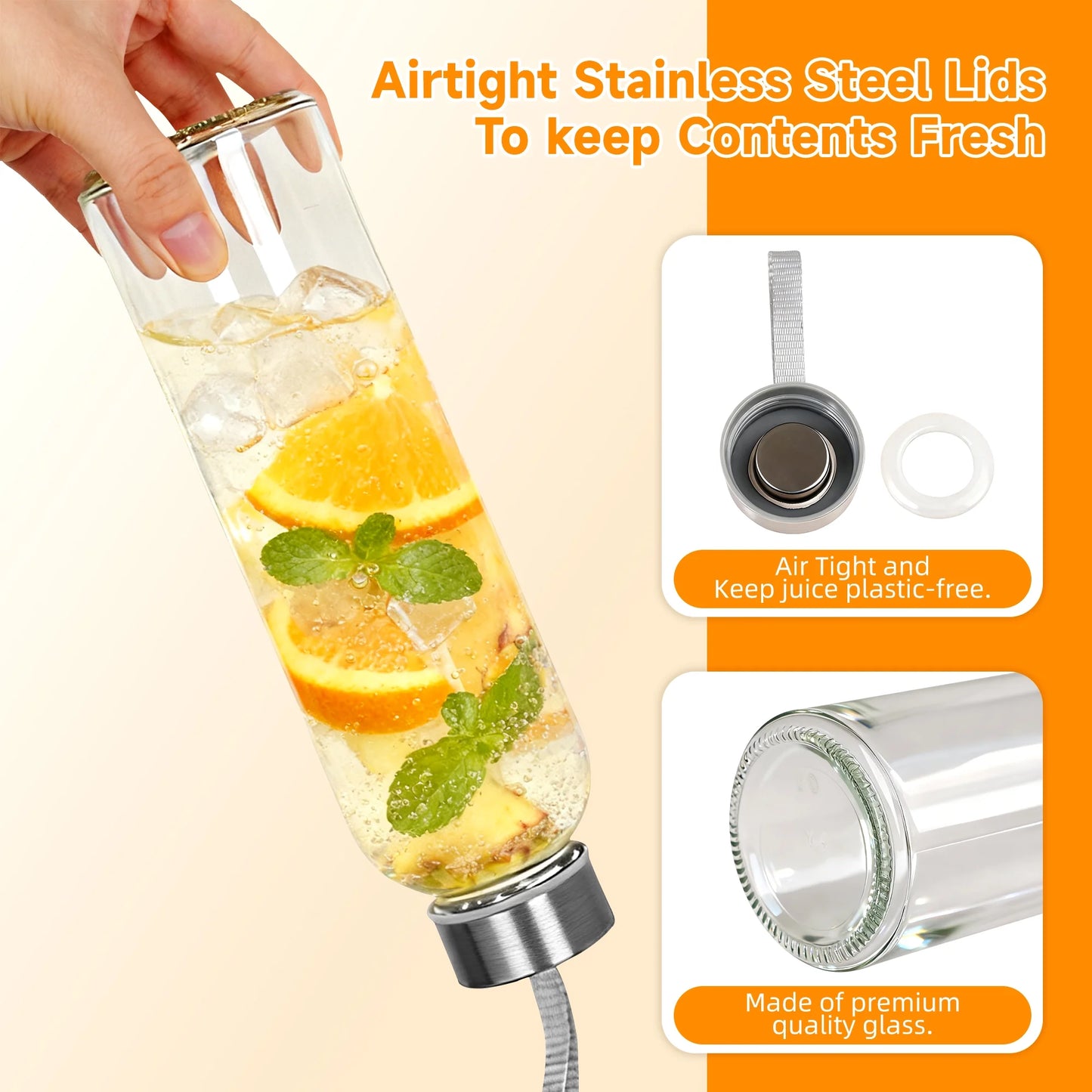 Clear Glass Water Bottles with Stainless Steel Lids — 18 oz, Set of 6