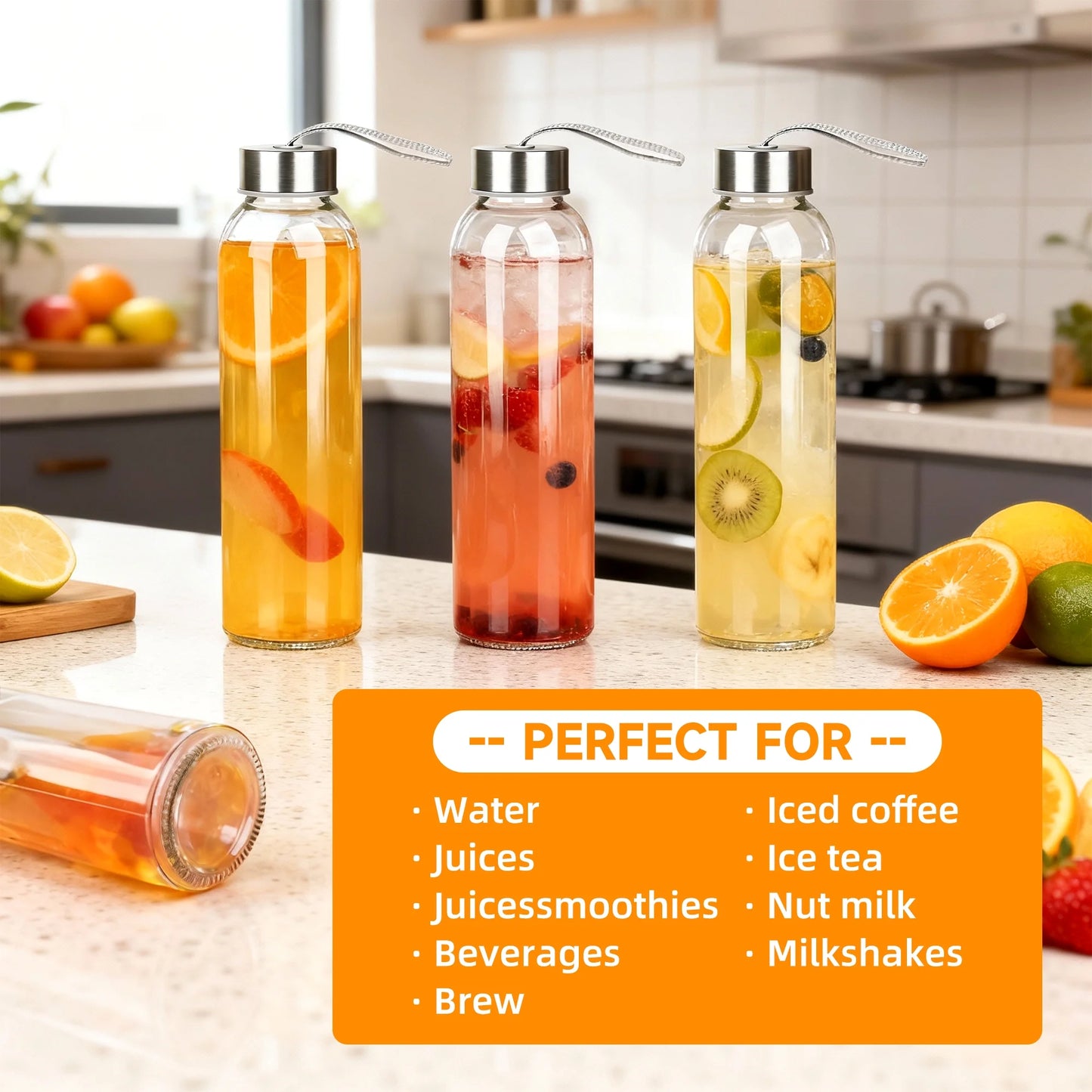 Clear Glass Water Bottles with Stainless Steel Lids — 18 oz, Set of 6