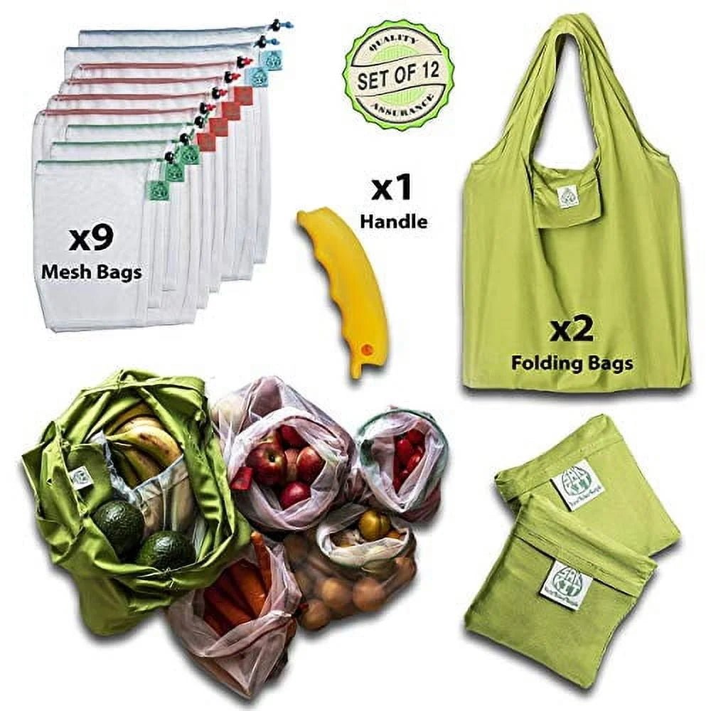 Eco-Friendly Reusable Mesh Grocery Bags 12 Piece Set with Silicone Handle