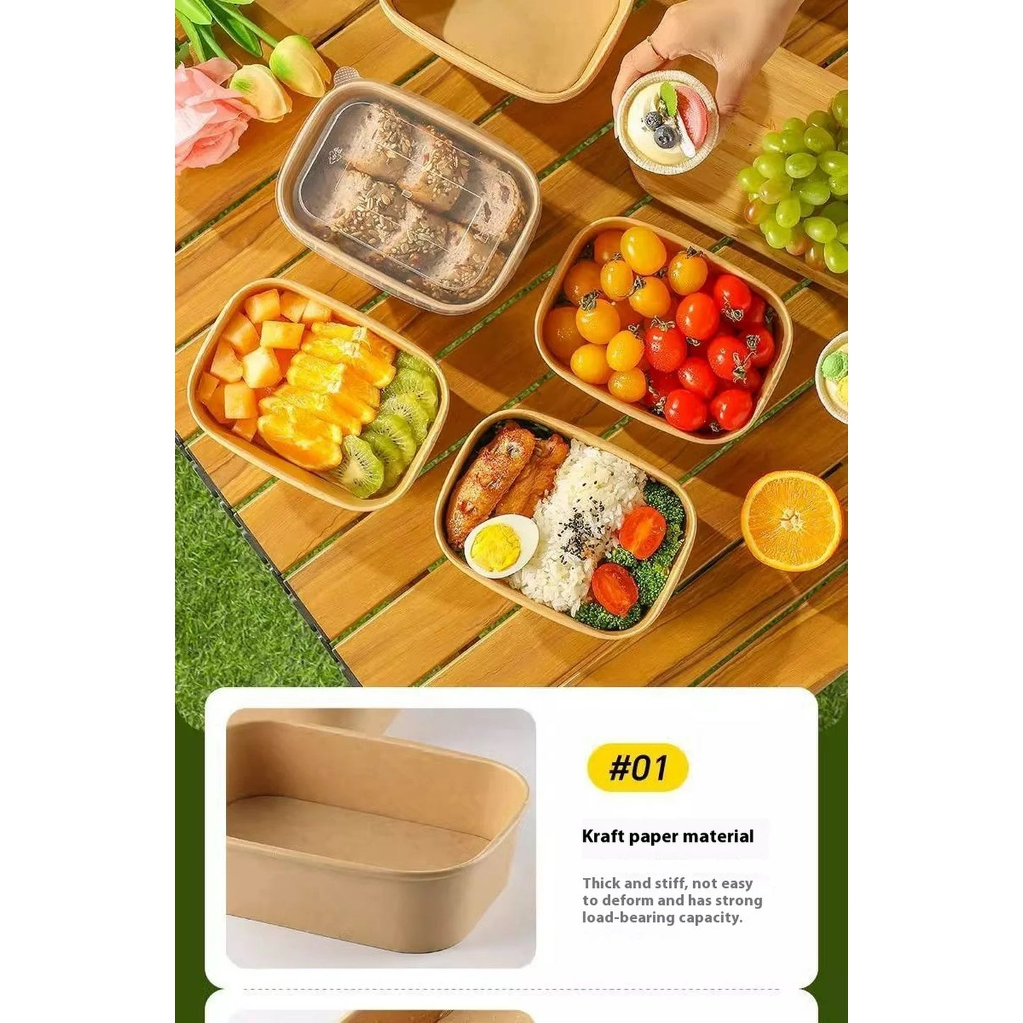 Kraft Paper Disposable Lunch Boxes with Lids 750ml, 30 Pack